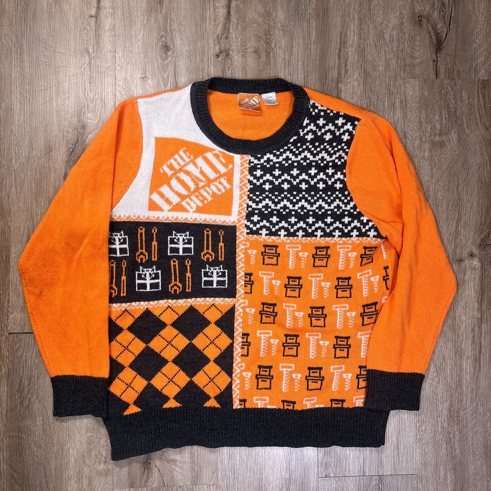 The Home Depot Mens Knit Sweater Orange Christmas Holiday Crewneck Size Large